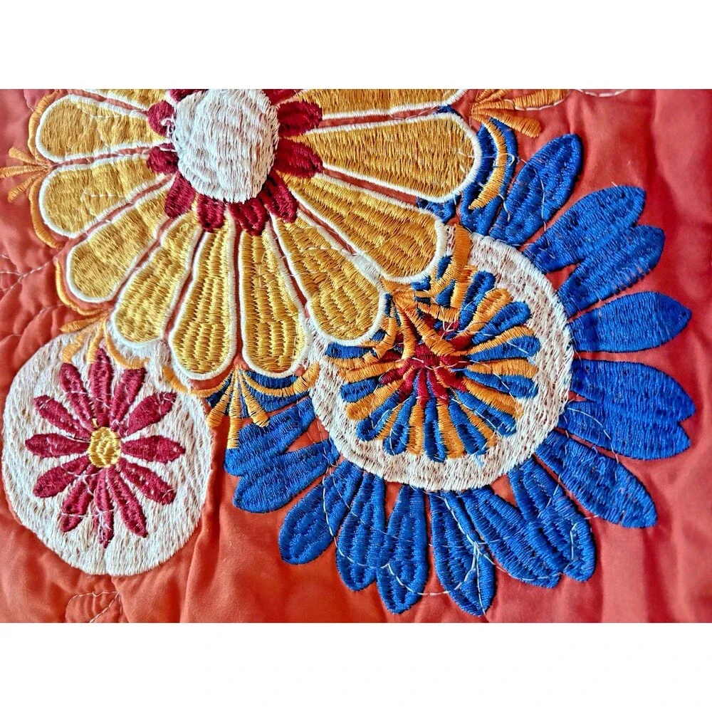 2 Pillow Shams Embroidered Flowers Bird Orange 36 X 20”  Tie Back